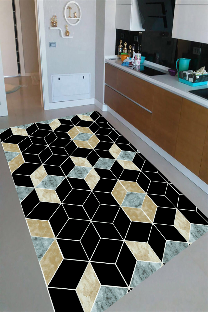 3D Mavi Siyah Küpler Dijital Baskılı Halı