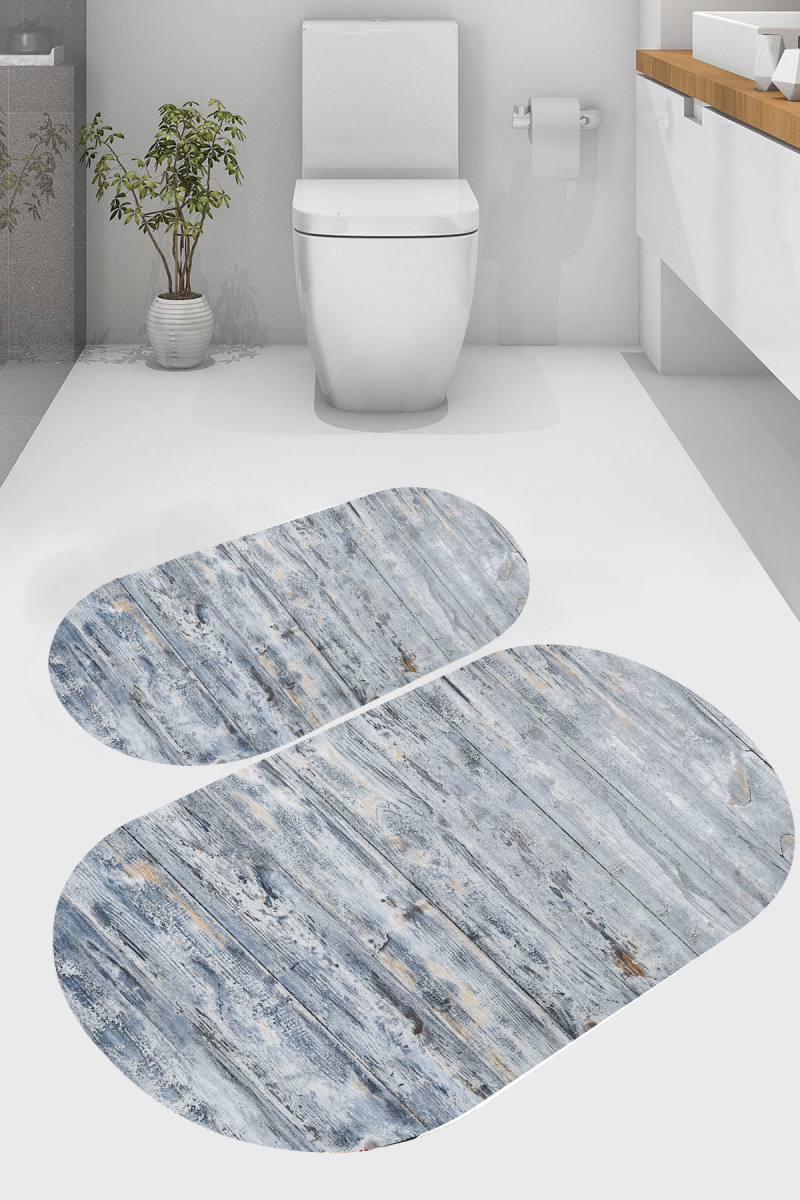 Ahşap Eskitme Desenli 2'li Banyo Paspası (50x60 cm - 60x100 cm)