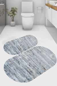 Ahşap Eskitme Desenli 2'li Banyo Paspası (50x60 cm - 60x100 cm) - 1