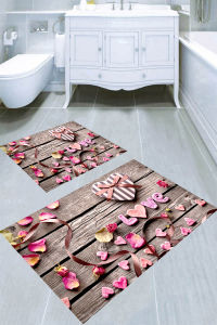 Ahşap Zemin Kalp Kutu ve Gül Yaprağı Desenli 2li Banyo Paspası (50x60 cm - 60x100 cm) - Thumbnail