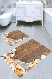 Ahşap Zemin ve Deniz Kabukları Desenli 2li Banyo Paspası (50x60 cm - 60x100 cm) - 3