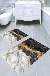 Altın Detay Mermer Tasarımlı 2&prime;li Banyo Paspası (50x60 cm - 60x100 cm) - 1