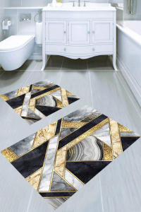 Altın Detaylı Gri Mermer Desenli 2&prime;li Banyo Paspası (50x60 cm - 60x100 cm) - 1