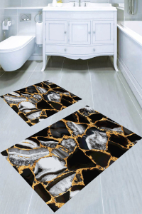 Altın Detaylı Kırık Mermer Desenli 2'li Banyo Paspası (50x60 cm - 60x100 cm) - Thumbnail