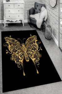 Altın Yaldızlı Kelebek Desenli Dijital Baskılı Halı - Thumbnail