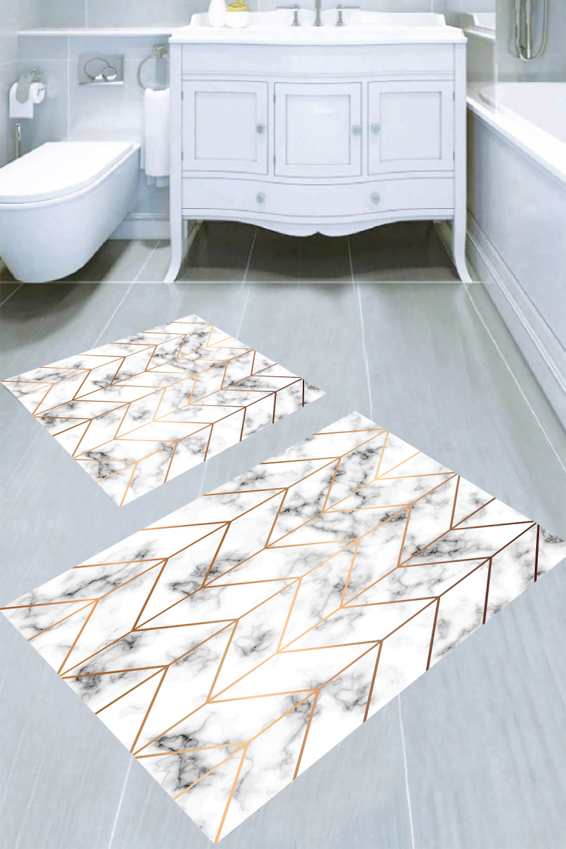 Altın Zikzak Detaylı Mermer Desen 2&prime;li Banyo Paspası (50x60 cm - 60x100 cm)