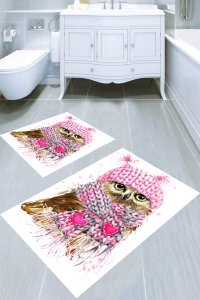 Atkılı Baykuş Desenli 2li Banyo Paspası (50x60 cm - 60x100 cm) - Thumbnail