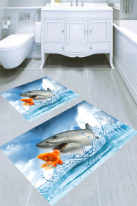 Balıkların Arkadaşlığı Desenli 2li Banyo Paspası (50x60 cm - 60x100 cm) - Thumbnail