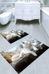 Beyaz Aslan Desenli 2li Banyo Paspası (50x60 cm - 60x100 cm) - Thumbnail