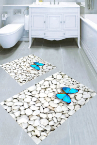 Beyaz Çakıl Taşları ve Kelebek 2li Banyo Paspası (50x60 cm - 60x100 cm) - 3