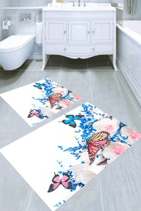 Beyaz Çiçekler ve Kelebek Dansı Desenli 2li Banyo Paspası (50x60 cm - 60x100 cm) - Thumbnail