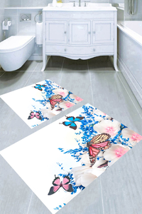 Beyaz Çiçekler ve Kelebek Dansı Desenli 2li Banyo Paspası (50x60 cm - 60x100 cm) - 1