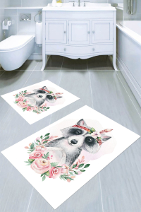 Beyaz Zemin Çiçekler ve Rakun Desenli 2′li Banyo Paspası (50x60 cm - 60x100 cm) - Thumbnail