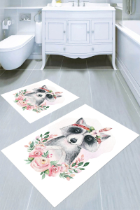 Beyaz Zemin Çiçekler ve Rakun Desenli 2&prime;li Banyo Paspası (50x60 cm - 60x100 cm) - 1