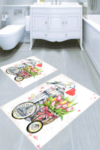 Bisiklet ve Lale Desenli 2li Banyo Paspası (50x60 cm - 60x100 cm) - Thumbnail