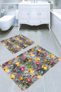 Buhar Zemin Renkli Çiçek Desenli 2li Banyo Paspası (50x60 cm - 60x100 cm) - Thumbnail