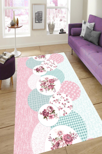 Çember Motif ve Çiçek Desenli Dijital Baskılı Halı - 1