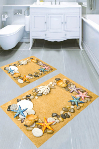 Çerçeve Deniz Kabukları Desenli 2li Banyo Paspası (50x60 cm - 60x100 cm) - 1
