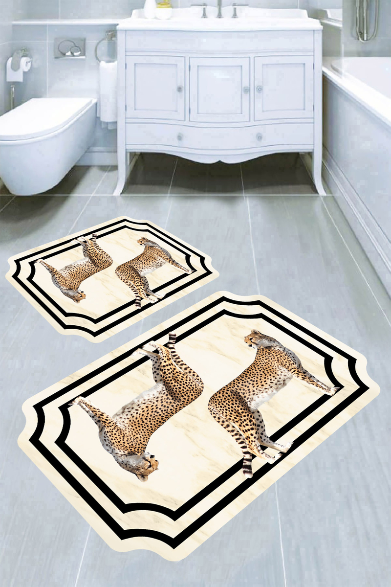 Çerçeve Detay Leopar Desenli 2li Banyo Paspası (50x60 cm - 60x100 cm)