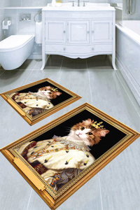 Çerçeve Detaylı Kedi Tasarımlı 2li Banyo Paspası (50x60 cm - 60x100 cm) - 1