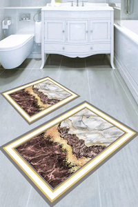 Çerçeve Kahve Mermer Desenli 2li Banyo Paspası (50x60 cm - 60x100 cm) - 3