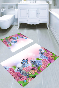 Çiçek Bahçesi ve Kelebek Desenli 2li Banyo Paspası (50x60 cm - 60x100 cm) - Thumbnail