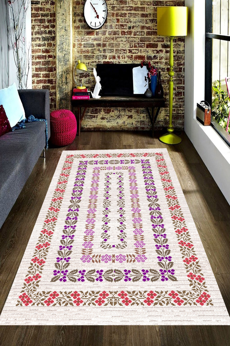 Çiçek Motif Eskitme Desenli Dijital Baskılı Halı Örtüsü HRC1525