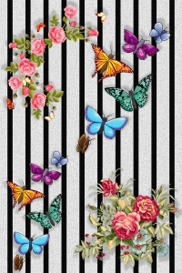 Çiçekler Kelebekler Şeritler Dijital Baskılı Halı. - Thumbnail