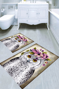 Çiçekli Baykuş Desenli 2li Banyo Paspası (50x60 cm - 60x100 cm) - Thumbnail