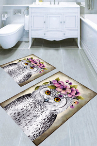 Çiçekli Baykuş Desenli 2li Banyo Paspası (50x60 cm - 60x100 cm) - 3