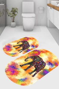 Çiçekli Fil Desenli 2'li Banyo Paspası (50x60 cm - 60x100 cm) - Thumbnail