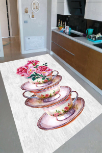 Çiçekli Fincanlar Desenli Dijital Baskılı Halı - 1