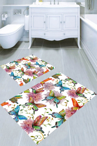 Çiçekli Kelebek Desenli 2li Banyo Paspası (50x60 cm - 60x100 cm) - 3