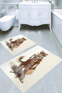Çiçekli Tilki Desenli 2li Banyo Paspası (50x60 cm - 60x100 cm) - Thumbnail