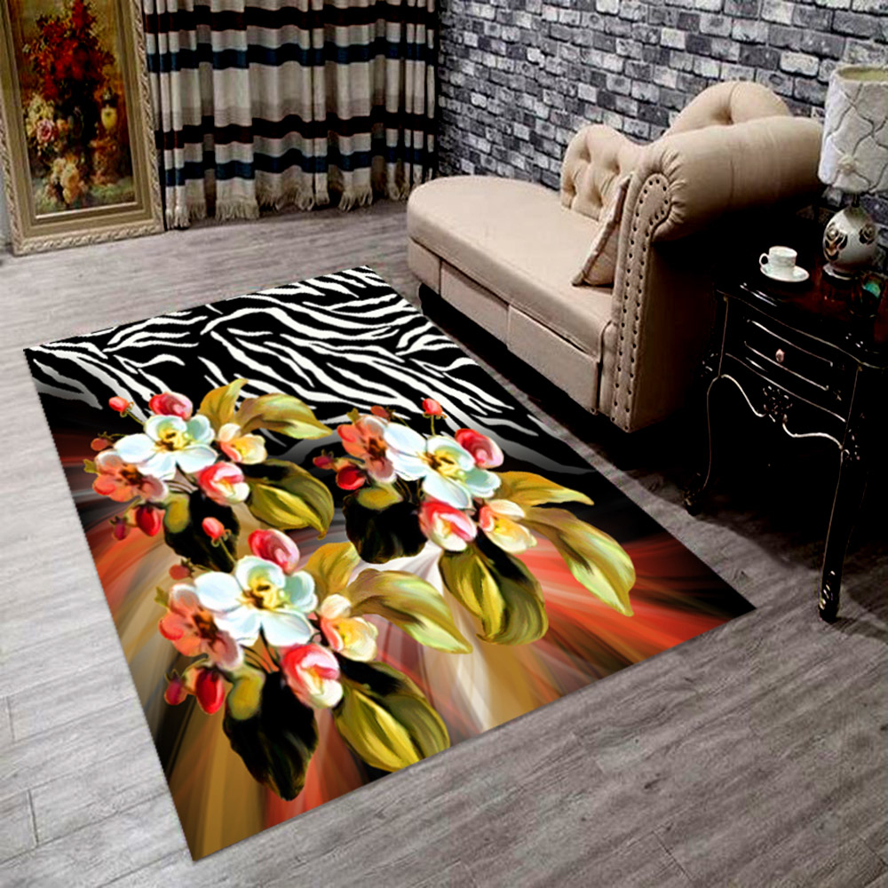 Çiçekli Zebra Desenli Dijital Baskılı Halı