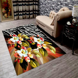 Çiçekli Zebra Desenli Dijital Baskılı Halı - 1