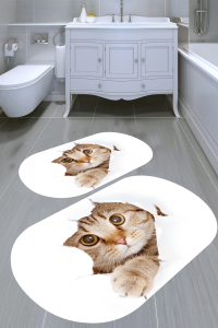 Çılgın Kedi Desenli 2'li Banyo Paspası (50x60 cm - 60x100 cm) - Thumbnail