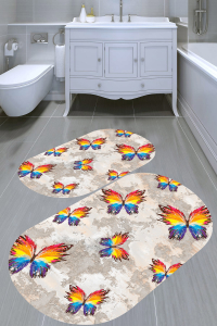 Çizgili Kelebek Desenli 2'li Banyo Paspası (50x60 cm - 60x100 cm) - 5