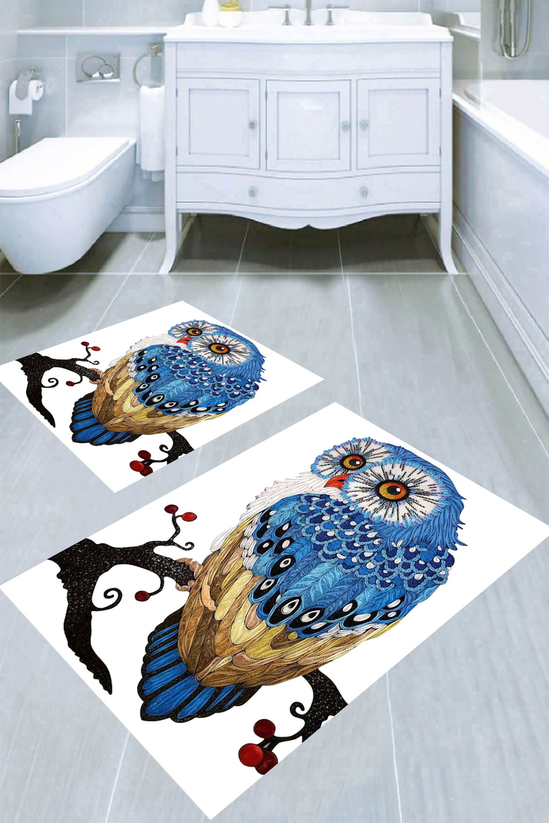 Dalda Renkli Baykuş Desenli 2li Banyo Paspası (50x60 cm - 60x100 cm)