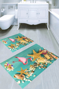 Deniz Kabukları ve Flamingo Desenli 2li Banyo Paspası (50x60 cm - 60x100 cm) - 1