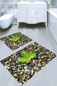 Deniz Taşları ve Yaprak Desenli 2li Banyo Paspası (50x60 cm - 60x100 cm) - Thumbnail