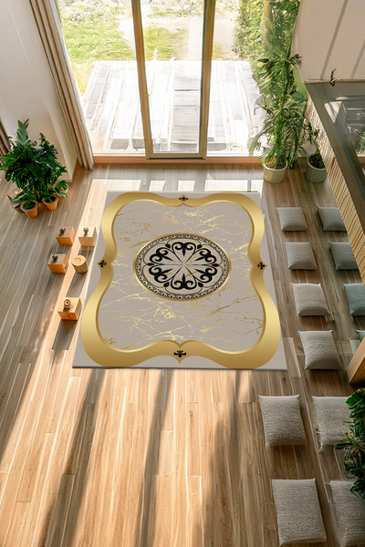 Dijital Baskılı Altın Detay Desenli Makinada Yıkanabilir Salon ve Yolluk Halısı - resmiro