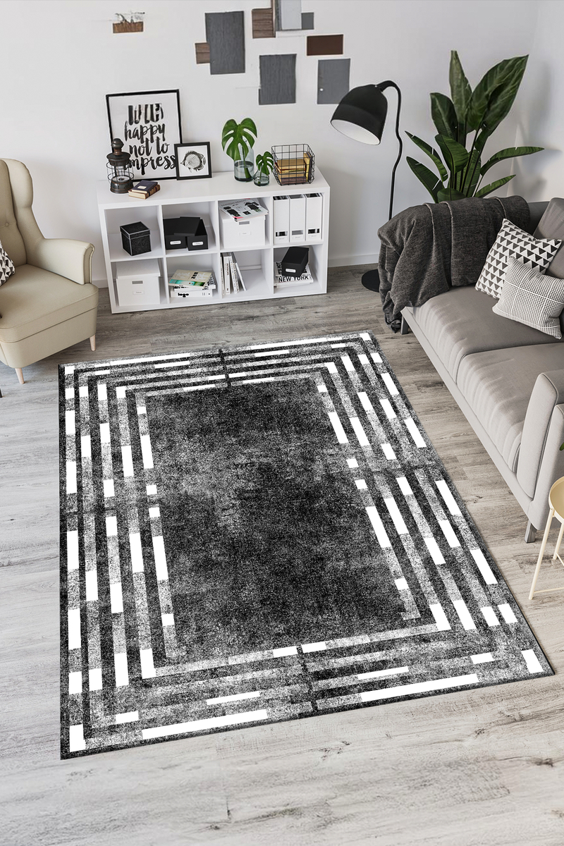 Dijital Baskılı Geometrik Desenli Makinada Yıkanabilir Salon ve Yolluk Halısı