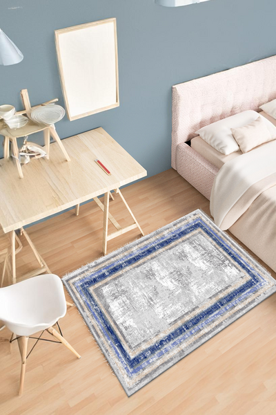 Dijital Baskılı Mavi Şerit Desenli Makinada Yıkanabilir Salon ve Yolluk Halısı - resmiro