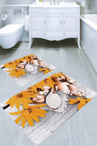 Doğal Görünüm Turuncu Çiçekler Desenli 2li Banyo Paspası (50x60 cm - 60x100 cm) - Thumbnail