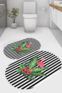 Düz Çizgili Flamingo Desenli 2&prime;li Banyo Paspası (50x60 cm - 60x100 cm) - 4
