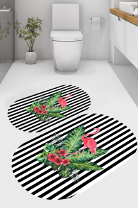 Düz Çizgili Flamingo Desenli 2&prime;li Banyo Paspası (50x60 cm - 60x100 cm) - 1
