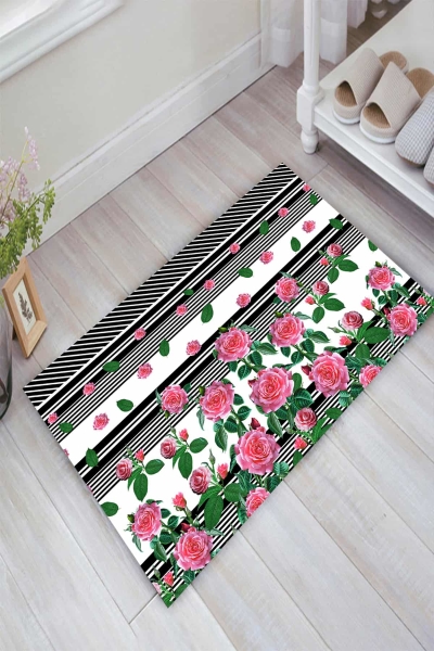 Ekose Ve Pembe Güller Dijital Baskılı Halı - resmiro