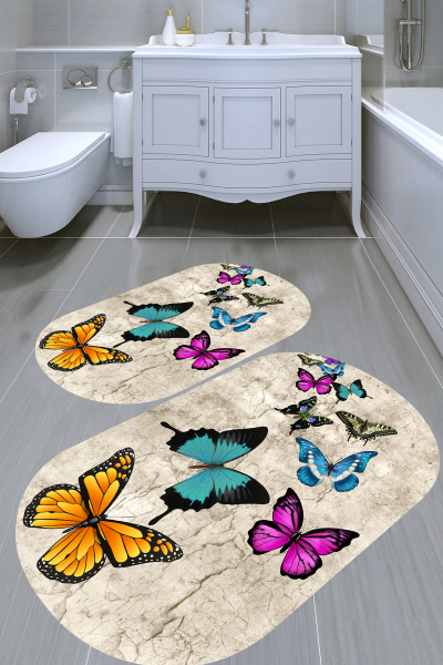 Eskitme Kelebek Desenli 2'li Banyo Paspası (50x60 cm - 60x100 cm) - resmiro