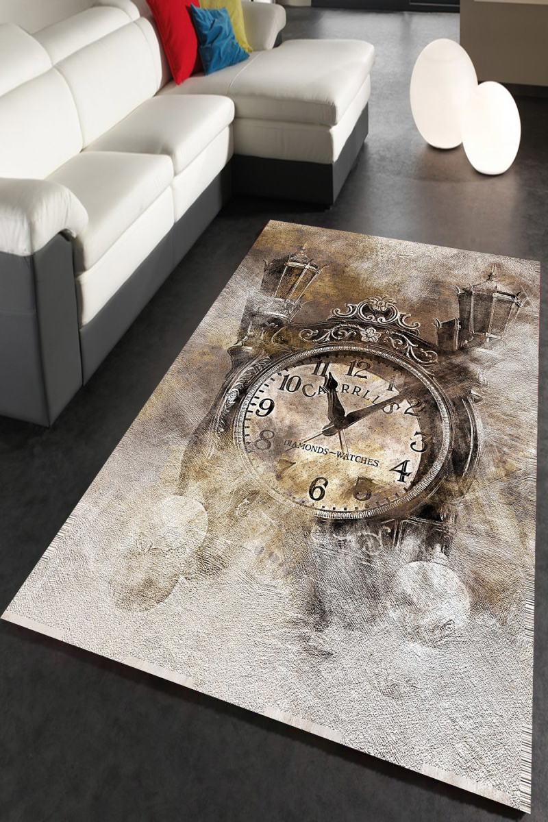 Eskitme Saat Desenli Dijital Baskılı Halı Örtüsü HRC1781